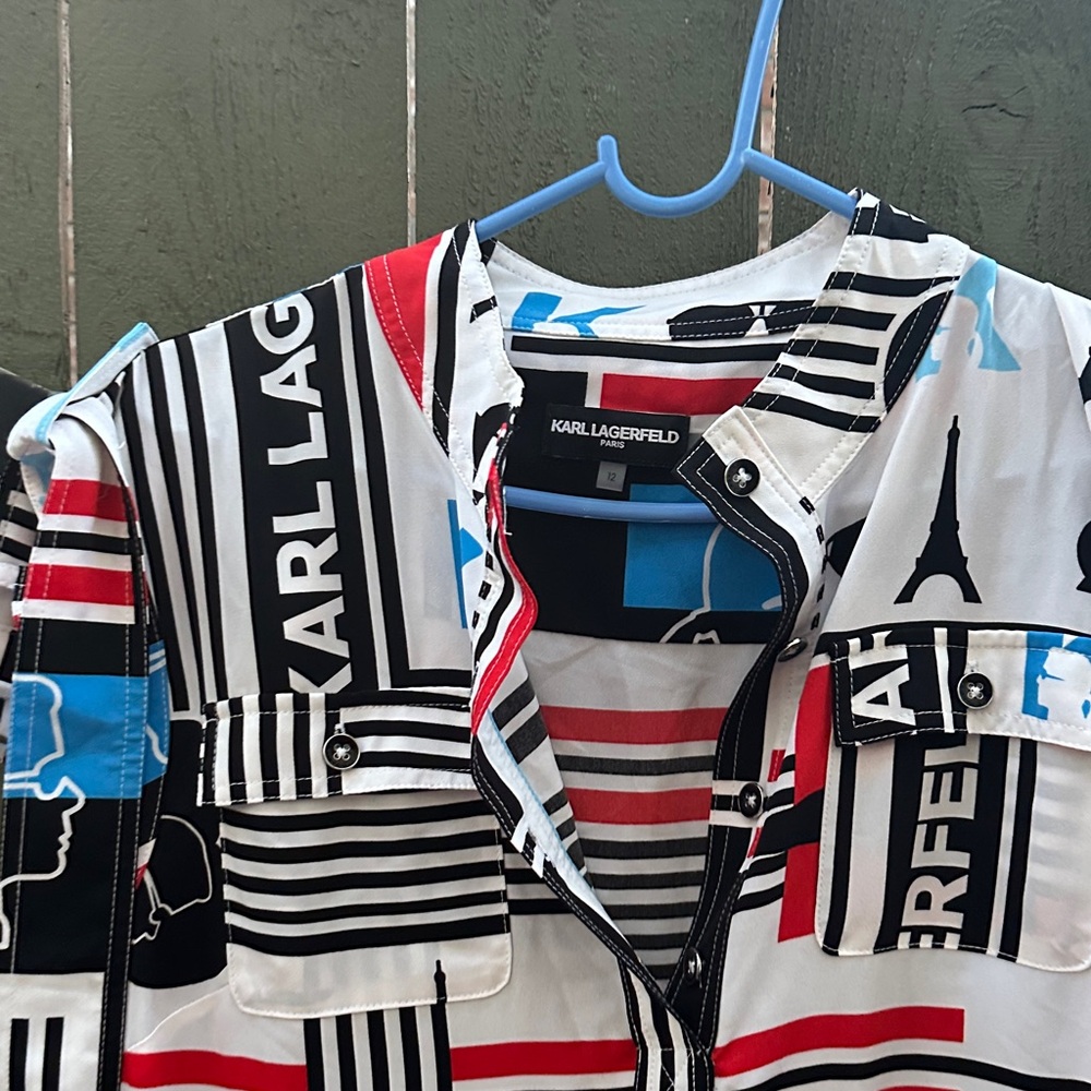 Karl Lagerfeld Black White Red Blue Graphic Panel Dress - Picture 3 of 11